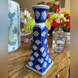 blue + white ceramic candlestick vintage